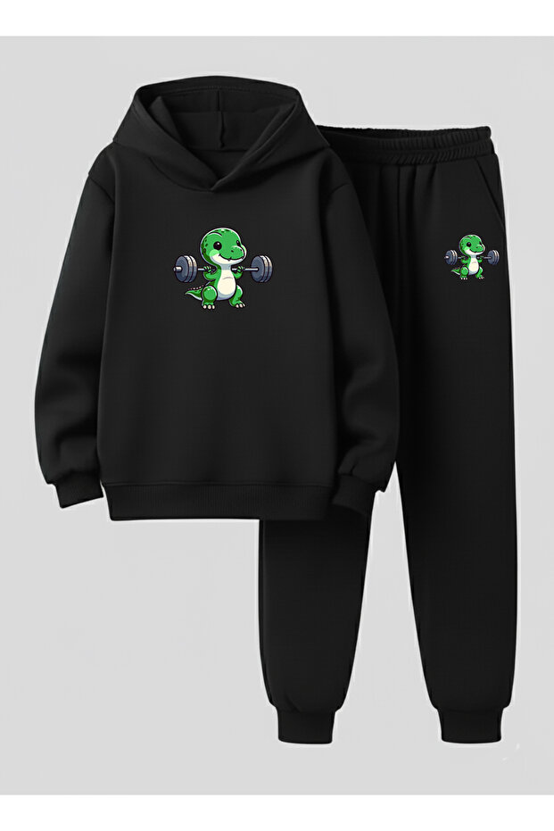 Children's Sweatshirt - Unisex Tracksuit Set (Hooded) Muscular Dinosaur B Printed 3 Threaded Yarn