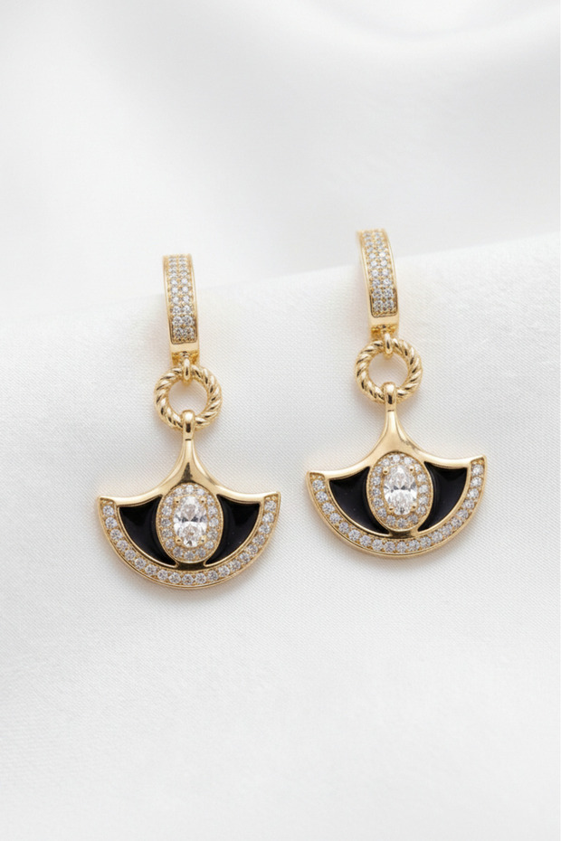 Black Enameled Zircon Stone Stainless Steel Gold Color Women's Earrings with Dangle
