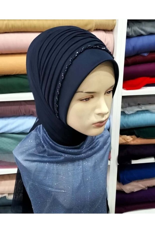 Navy Blue Seamless Detailed Model Ready-To-Wear Turban Ready-To-Wear Shawl Evening Dress Shawl Veil