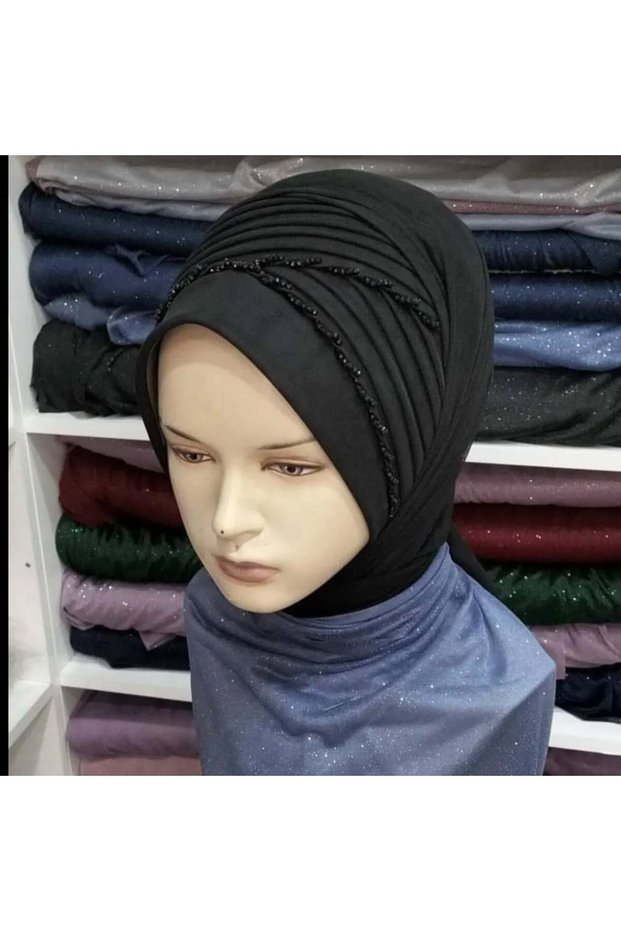 Black Embellished Detailed Model Ready-To-Wear Turban Ready-To-Wear Shawl Evening Dress Shawl Veil
