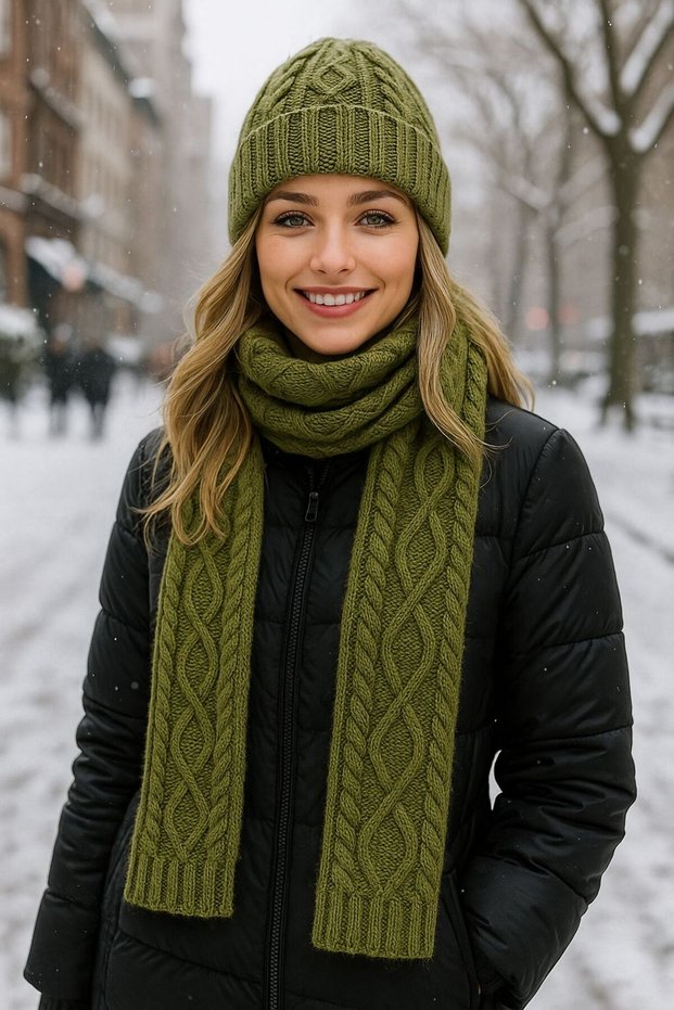 Khaki Knitted Women's Scarf Beanie Set of 2 180X20 cm