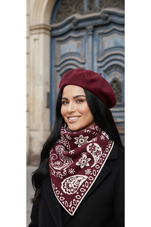Triangle Ethnic Pattern Double-Sided Shawl and Beanie Set Domestic Production