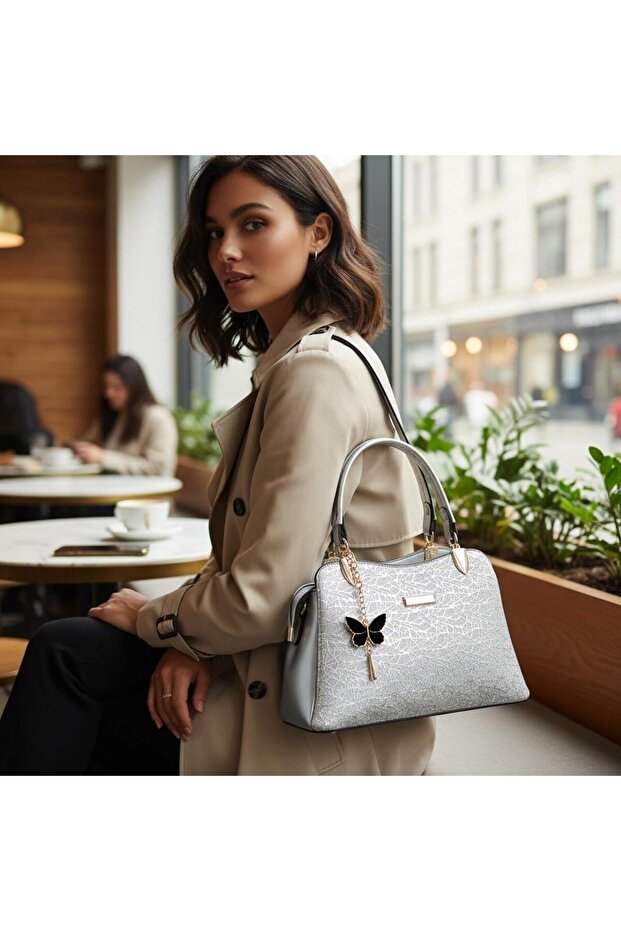 Stylish Imported Glittery Women's Hand and Shoulder Bag – with Gold Butterfly Accessory, Adjustable Strap