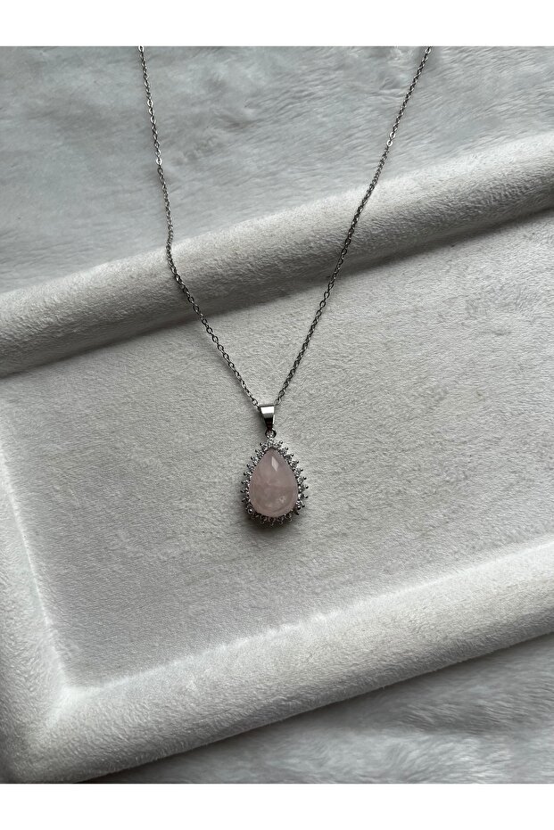 Pink Quartz Stone Steel Necklace Handmade