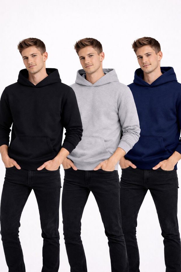 Men's Black-Gray-Navy 3-Piece Set Hooded Sweatshirt Winter Kangaroo Pocket Lined with Cotton