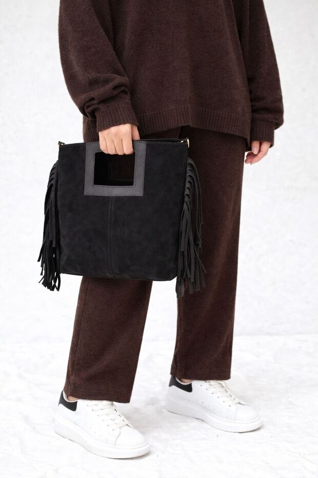 Genuine Suede Leather Tassel Detailed Women's Shoulder Bag