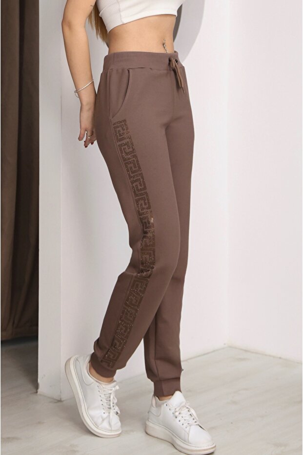 Crystal Stone Elastic Hem Two-Thread Premium Cotton Women's Plus Size Brown Jogger Pants