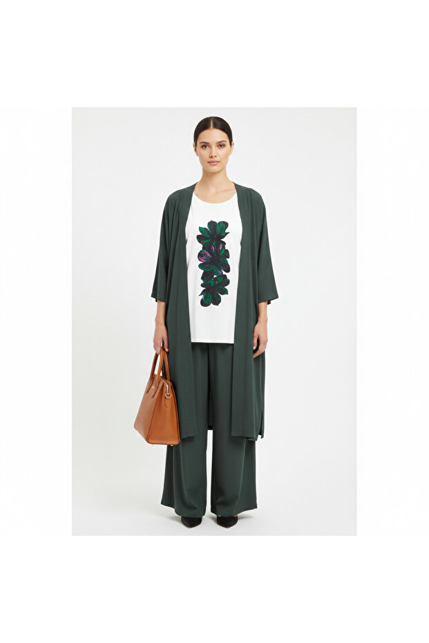 Green Floral Three-Piece Cardigan Set