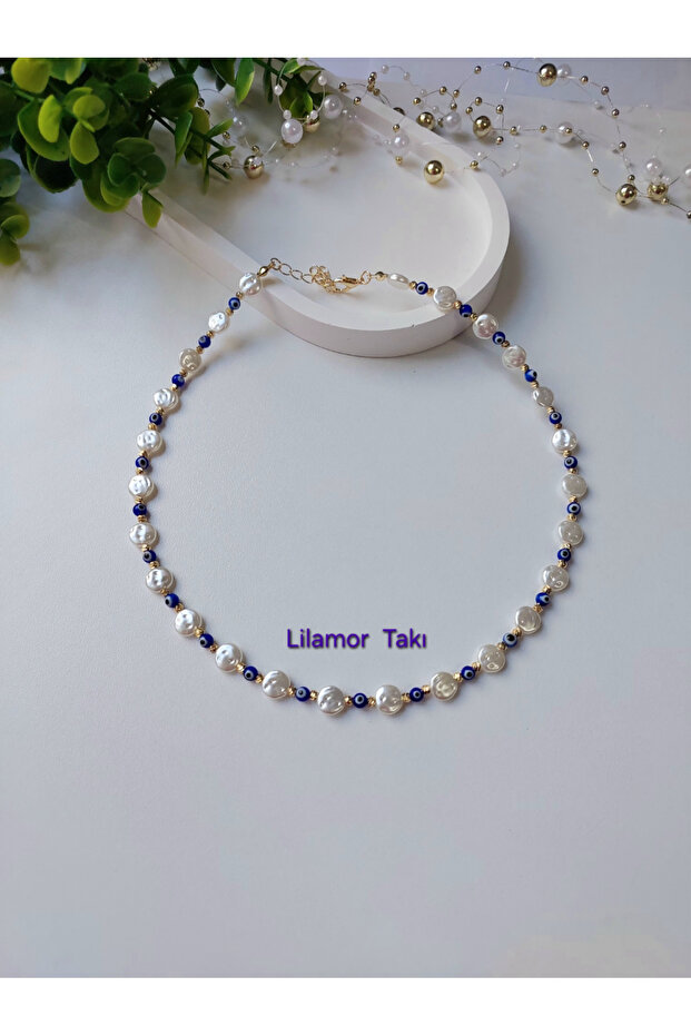 Dorika Detailed Evil Eye Beaded Pearl Necklace
