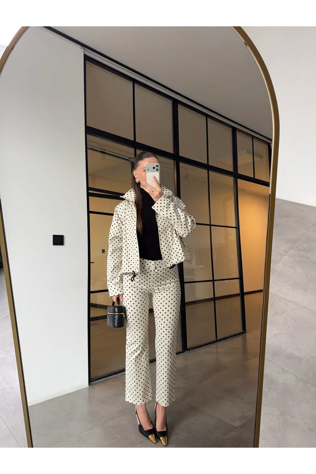 Polka Dot Piece Mock Neck Jacket and Pants Set