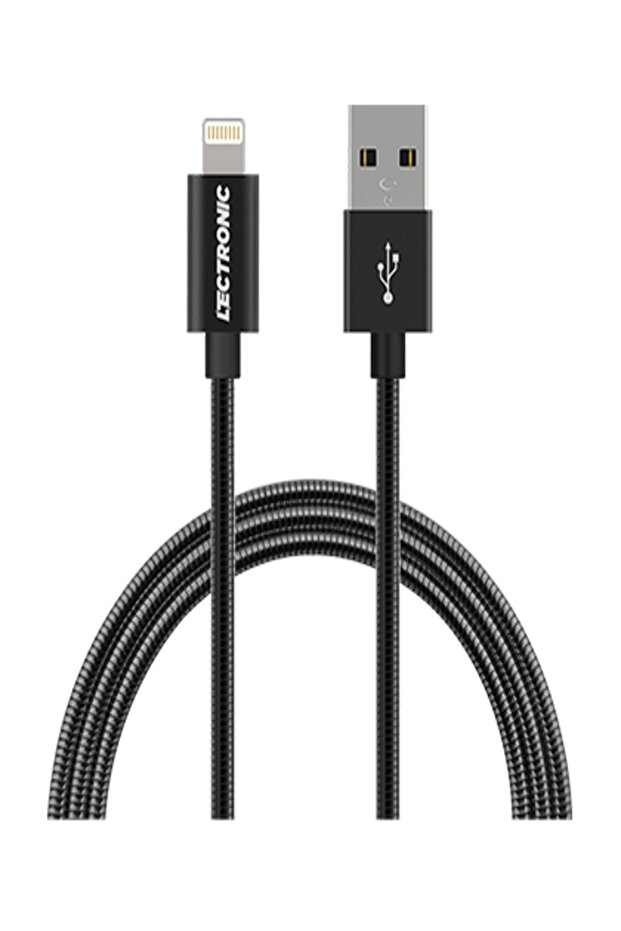 كابل USB-A-Lightning للشحن والمزامنة، معتمد من MFI، معدني، طوله 1 متر، أسود، USB 2.0