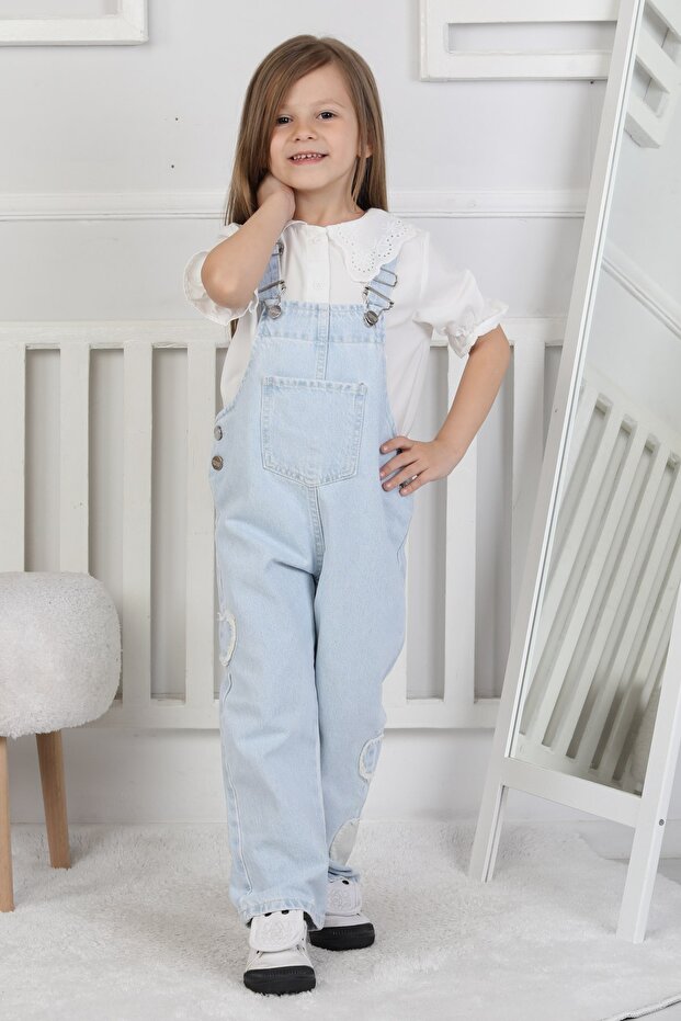 Girl's Light Blue Denim Overalls – Comfortable Fit, with Straps and Pockets, Casual Jean Jumpsuit