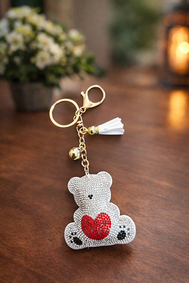 Heart Detailed Stoned Teddy Bear Keychain Bag Ornament/Charm