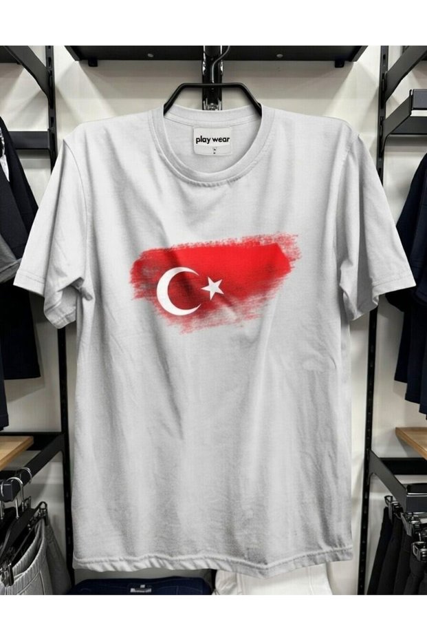 Play Wear Unisex Bol Kalp Mold Türkiye - Turkey Flag Printed Black T-Shirt White Color