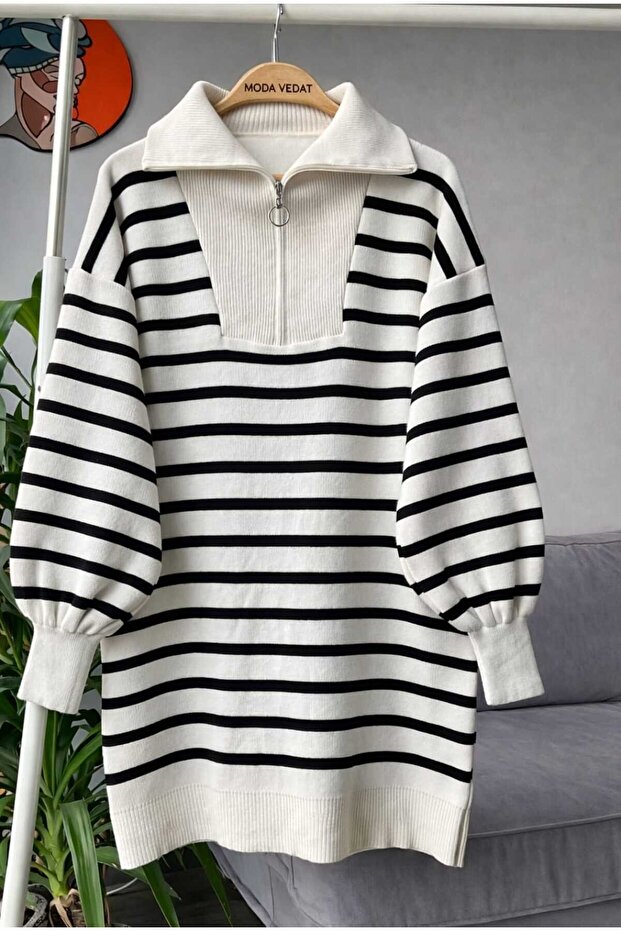 Women's Collared Zippered Knitwear Tunic --0355