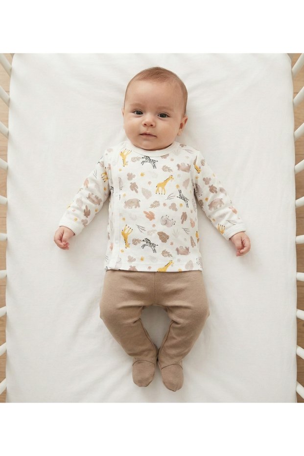 Baby 2-Piece Set 100% Cotton Animal Patterned Side Snap Top and Booties Bottom 0-3 Months Green