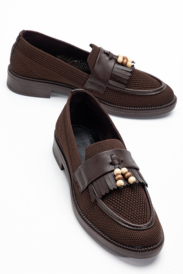 Aci Dark Brown Tricot Tasseled Beaded Loafer Daily Ballet Flats