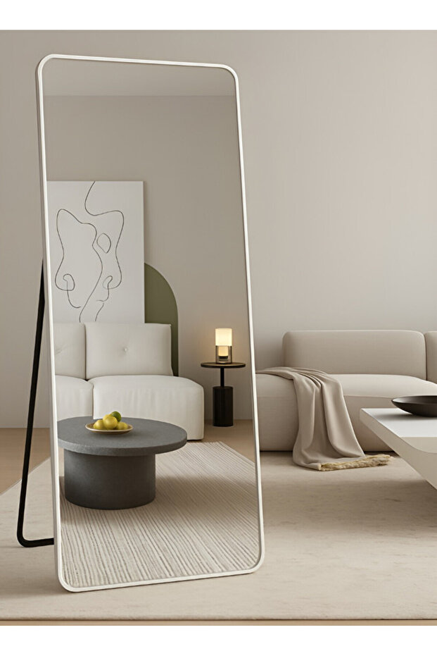 مرآة كبيرة بتصميم أنيق 155×45 سم - مرآة كاملة الطول بإطار معدني أبيض وحامل خلفي