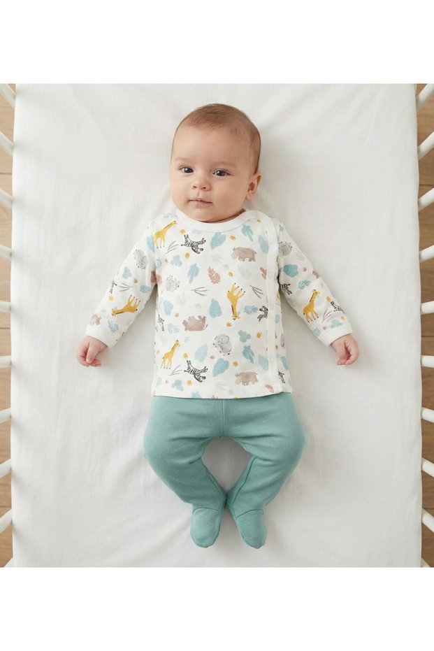 Baby 2-Piece Set 100% Cotton Animal Patterned Side Snap Top and Booties Bottom 0-3 Months Green
