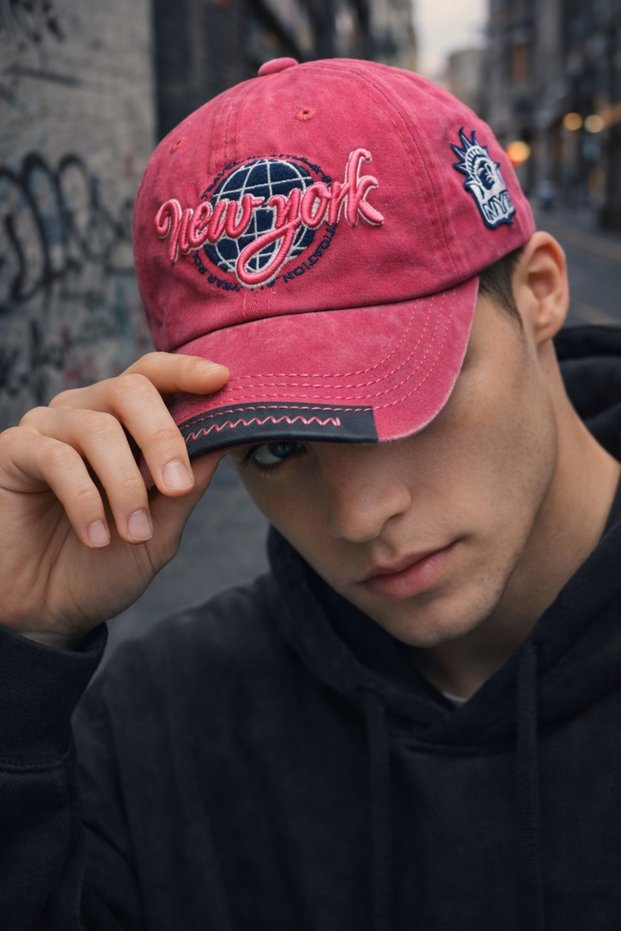Unisex New York Embroidered Vintage Pink Baseball Cap Gabardine