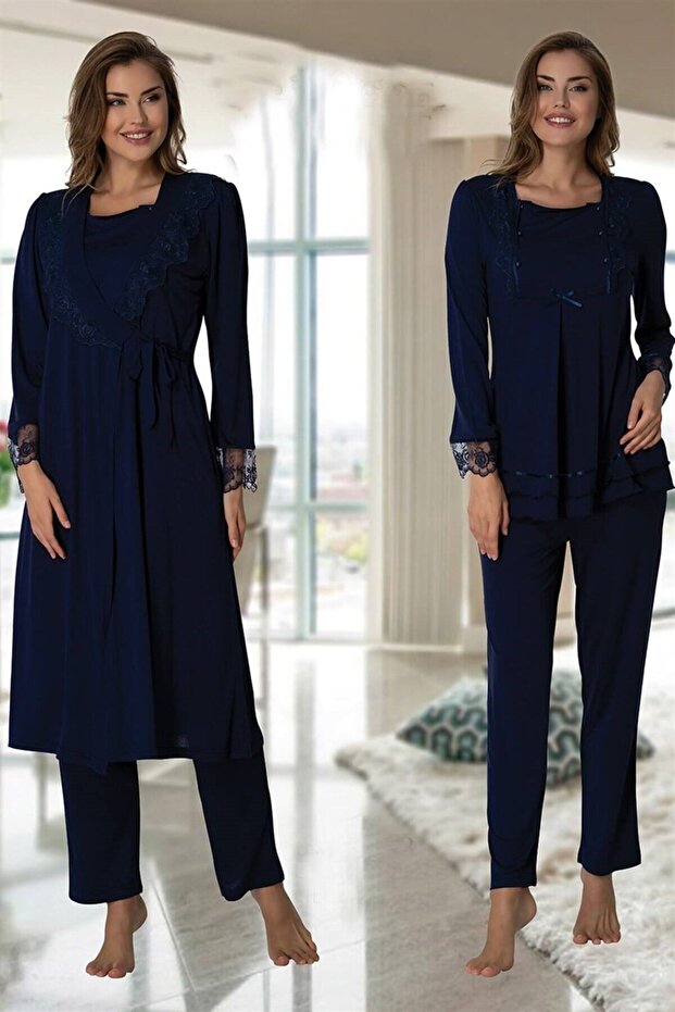 Effortt Navy Blue Maternity Pajama Set with Dressing Gown