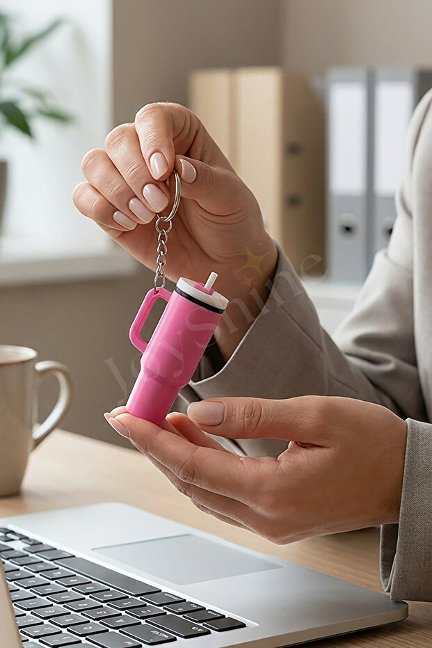Mini Pink Thermos Keychain with Straw, Bag Ornament with Handle, Trendy Gift Accessory