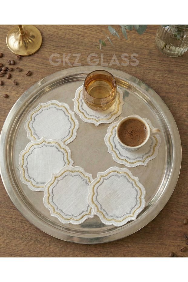 6 Linen Fabric Embroidered Coffee Side Cocktail Napkins & Coasters Serving Napkins