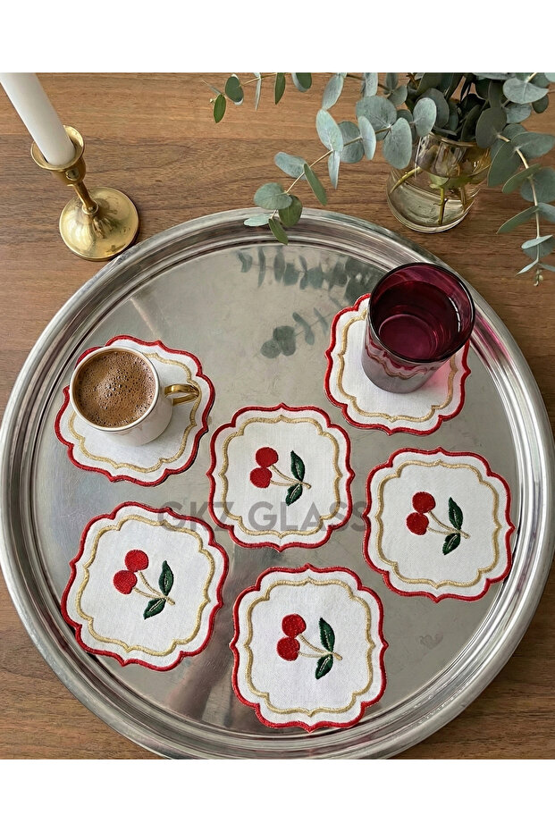 6 Linen Fabric Embroidered Coffee Side Cocktail Napkins & Coasters Serving Napkins
