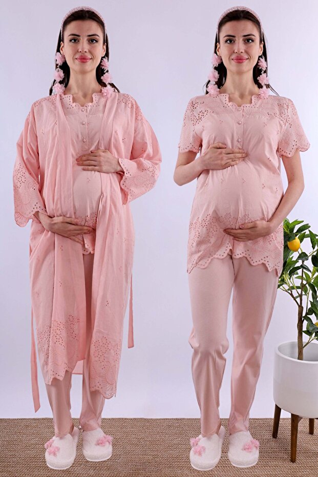 Effortt Powder Scalloped Maternity Pajama Set with Dressing Gown