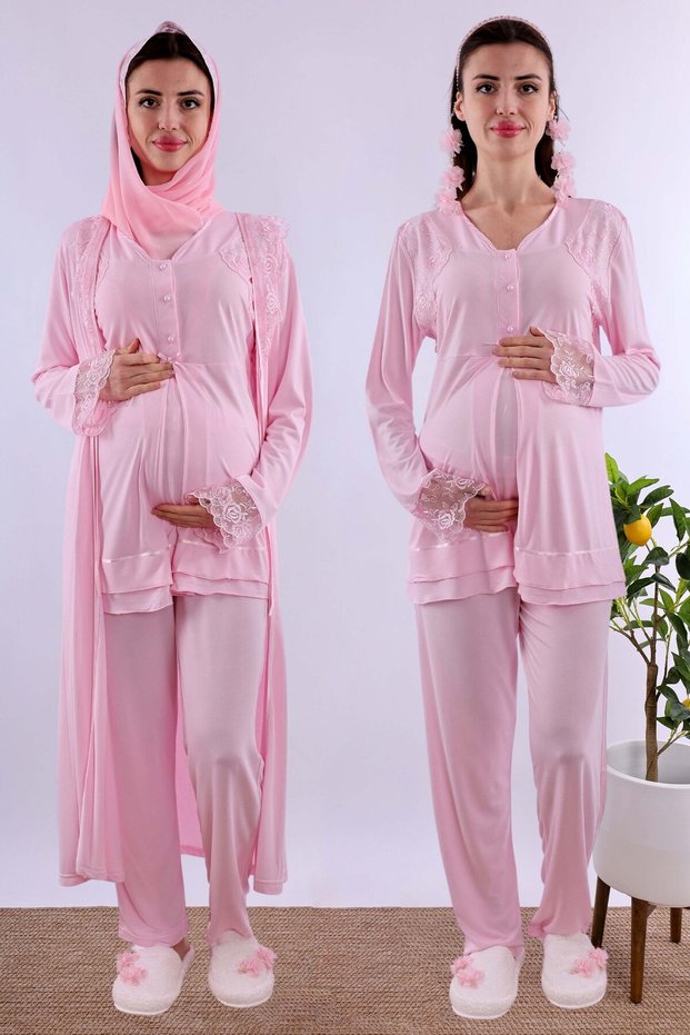 Cotton Piece Maternity and Breastfeeding Pajama Set with Hijab Effortt - Pink