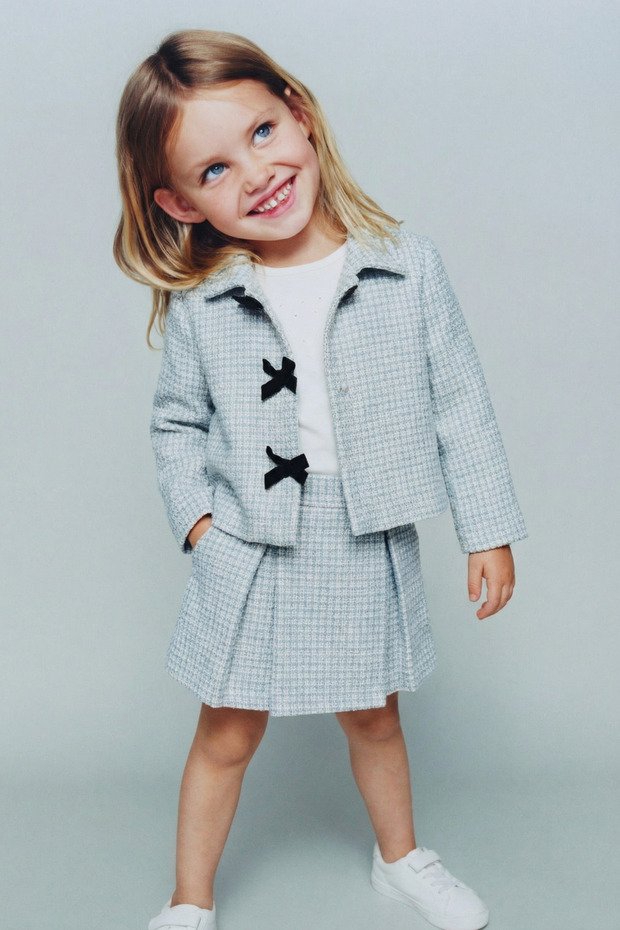 Girl's Cotton Blue Textured Jacket and Skirt Set - 3-Piece Set Including T-Shirt