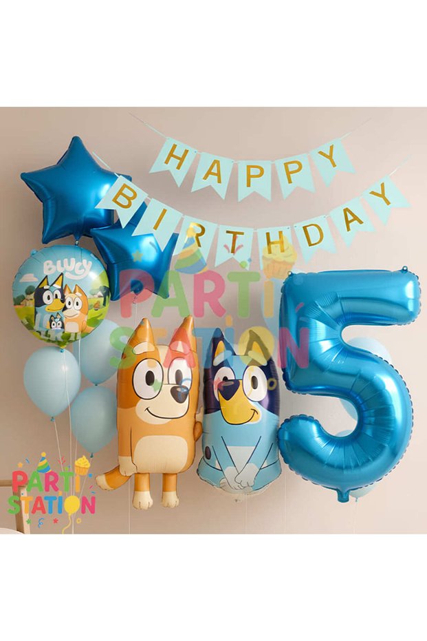Bluey and Chilli Themed 5-Year-Old Foil Balloon Set – with Number Balloons and Happy Birthday Banner