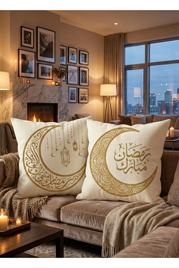 Beige Cream Moon-Themed Modern Digital Print Decorative 2-Piece Cushion Cover Set