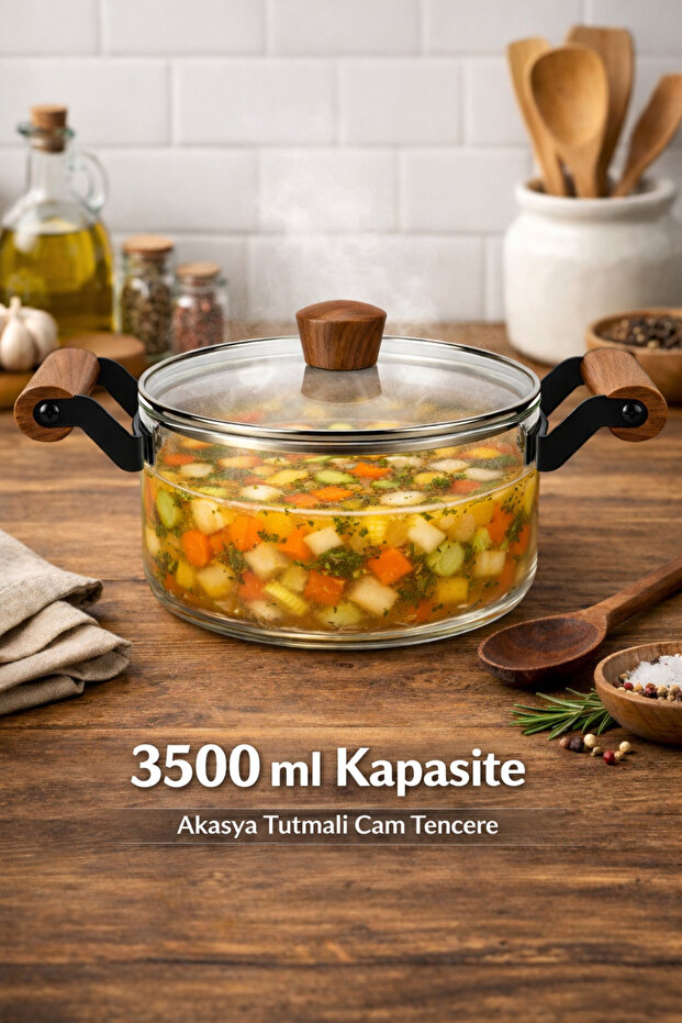 3500 ml Heat-Resistant Glass Pot with Acacia Handle – Transparent, with Lid, Stylish Presentation