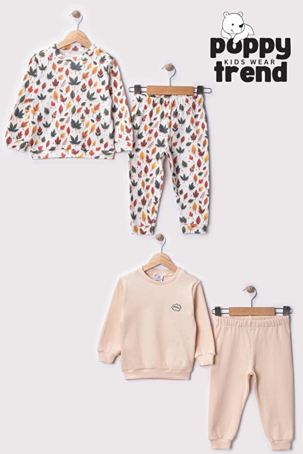 Unisex Children's Leaves Patterned Digital Printed 100% Cotton & Ribbed Knit Double Set Premium Series