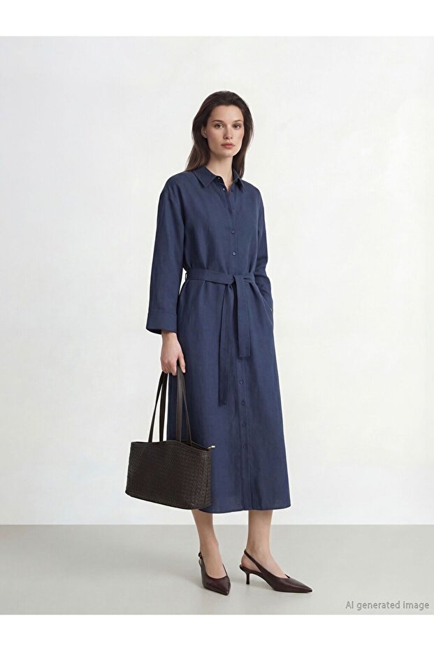 Belted Linen Blend Shirt Dress