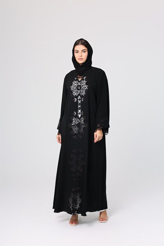 Floral Cut Front Abaya Crystal Details