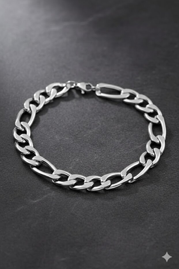 Silver Color Figaro Chain Steel Men's Bracelet-19 cm