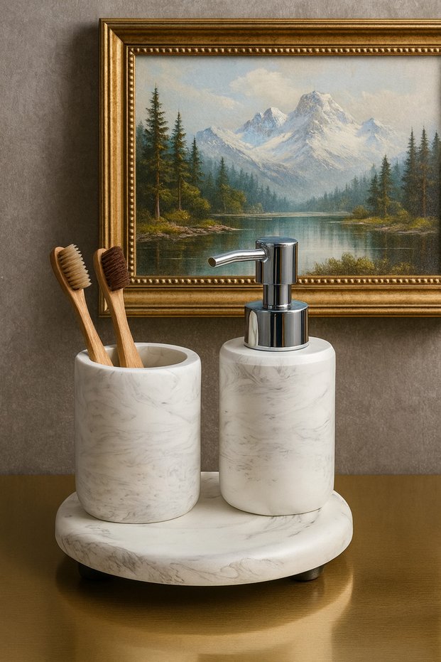 Marble Look Concrete 3-Piece Bathroom Wc Set Toothbrush Holder Liquid Soap Dispenser Presentation Tray