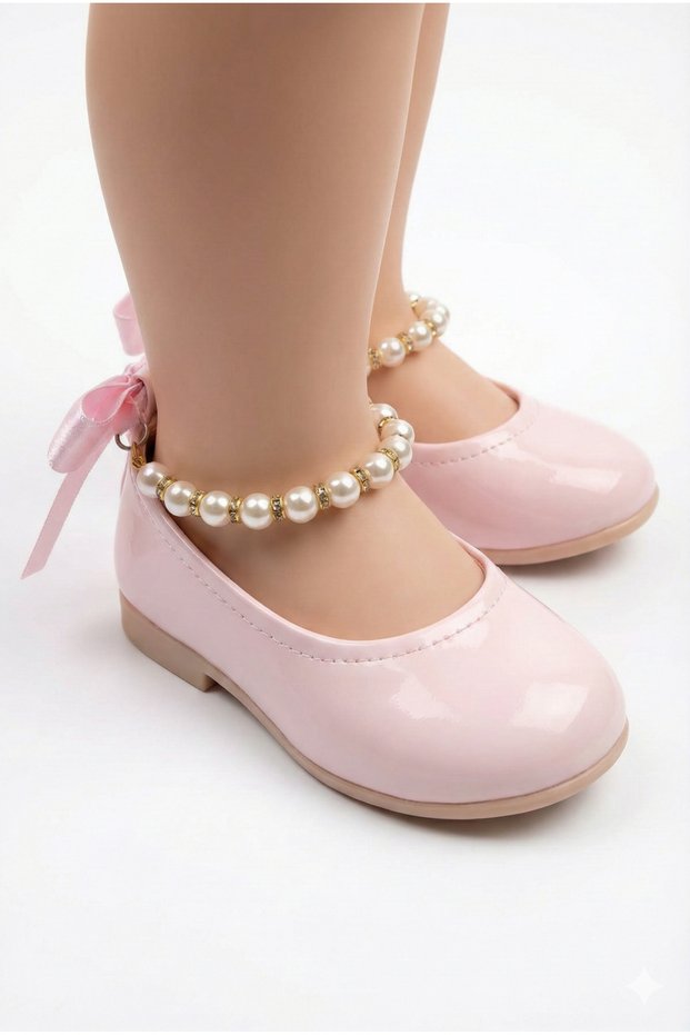 Pink Patent Leather Ankle Pearl Detailed Bow Ribbon Girls' Ballerinas