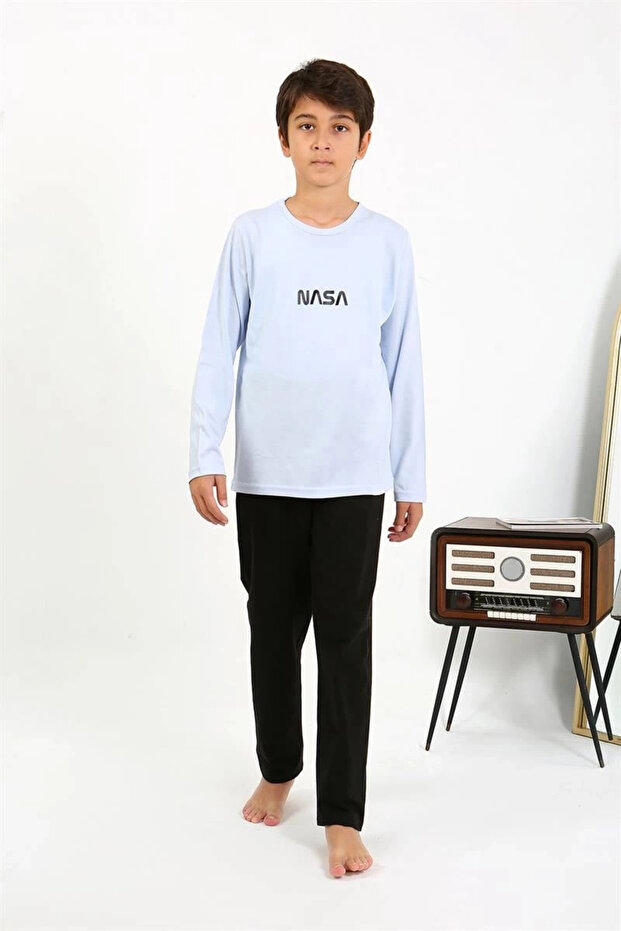 Boy's Long Sleeve Combed Cotton Pajama Set Ice Blue