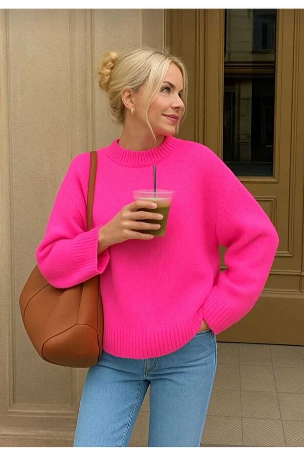 Fuchsia Crew Neck Oversized Knitwear Women's Sweater