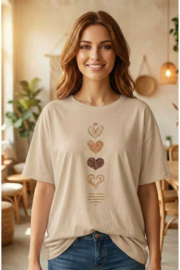 Women's Heart Patterned Beige T-Shirt - Crew Neck T-Shirt