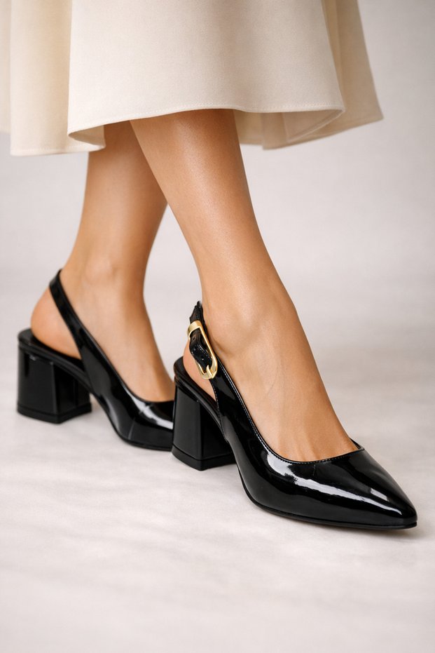 Women's Heeled Shoes with Buckle Stylish Detail Women's Thick Heels 6cm Women's Black Patent Leather Heeled Shoes