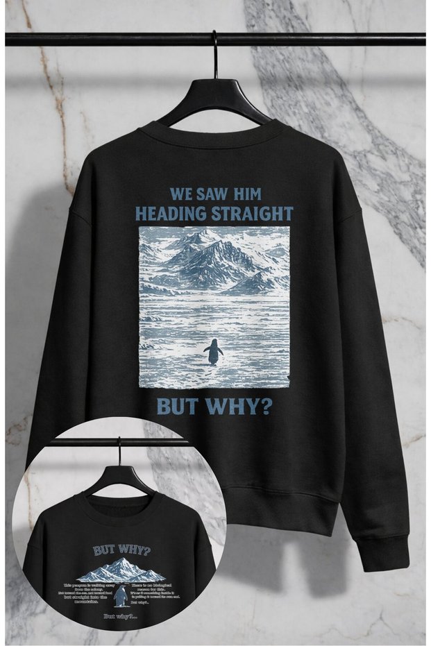 Oversized Unisex but Why Nihilist Penguin Story Back Printed Crew Neck Hoodless Sweatshirt