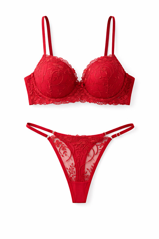 طقم داعم بنمط الدانتيل الأحمر - 2