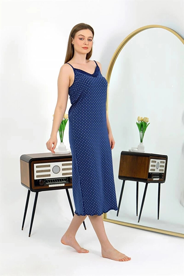Long Slit Combed Cotton Nightgown with Rope Strap Navy Blue