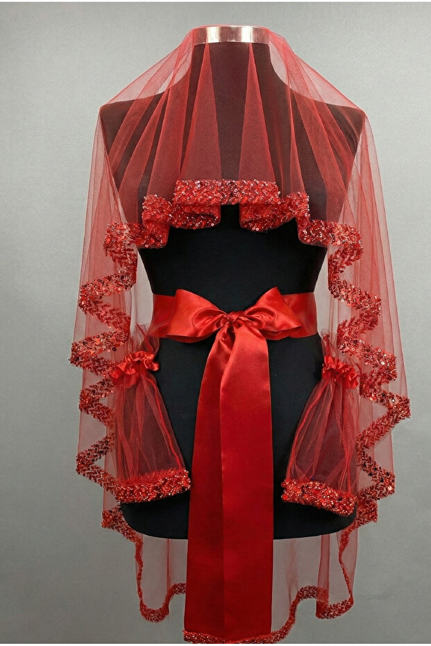 Red Elegant Bridal Veil Set – Henna Veil with Water Stones