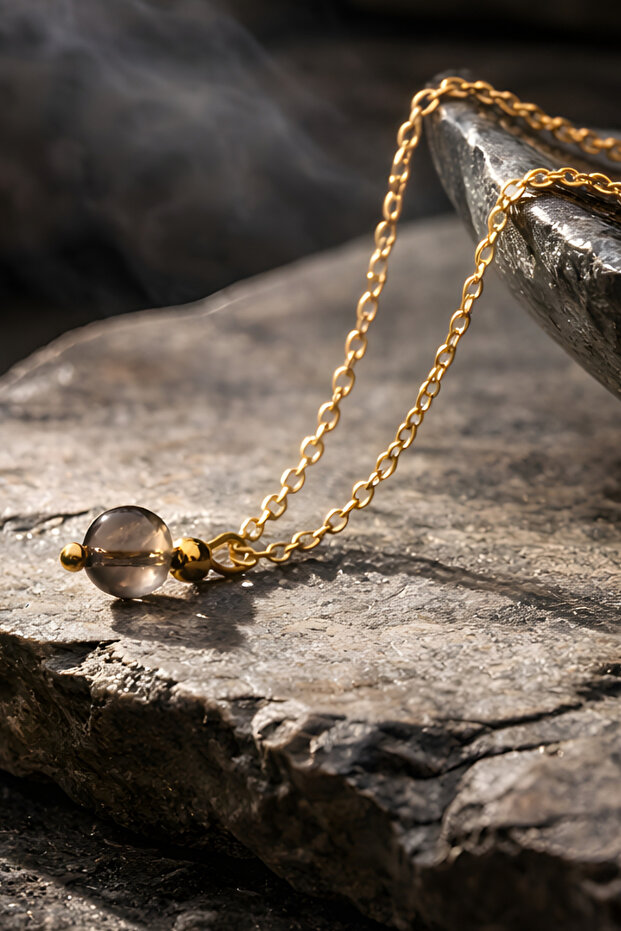 Smoky Quartz Natural Stone Necklace 8 mm Plated Chain