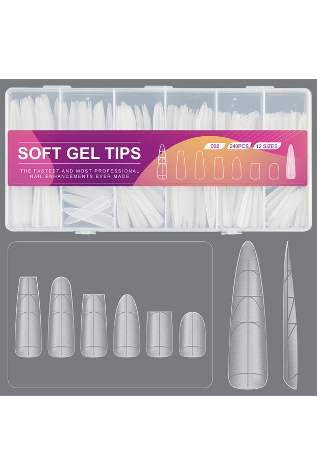 02 240Pcs Coffin Stiletto Matte Soft Gel Nail Tips With Auxiliary Lines Multifun Full Cover Fake Nai